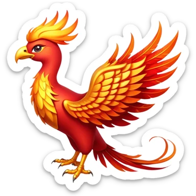 Cinematic Noble Mystical Fire Phoenix Portrait Emoji, Poised and resplendent, with a radiant, fiery plumage in brilliant hues of scarlet, gold, and ember, featuring elongated, elegant tail feathers that flow like molten lava, and piercing, wise eyes reflecting the eternal cycle of rebirth; rendered with lifelike texture and luminous natural highlights, high shine, majestic and awe-inspiring, styled with an aura of mythic resurgence, focused and regal, soft glowing outline, capturing the essence of a legendary phoenix rising from the flames with timeless grace! sticker