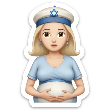 Pregnant Jewish person facing left with hands on belly, wearing a kippah and Star of David necklace sticker
