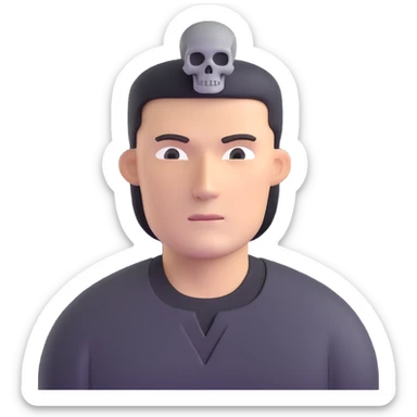 man with oval-shaped flat-top head wearing a black shirt with a gray skull on the front sticker