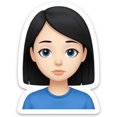 Cute cartoon-style girl portrait, black hair, blue t-shirt, big black eyes, closed mouth,clean bold lines, flat colors, minimal shading sticker