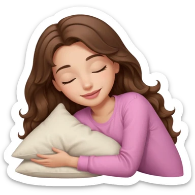girl with wavy long brown hair, brown eyes, light to medium complexion, long lashes, light pink lipstick, smiling, wearing light pink shirt, sleeping on a cozy pillow sticker
