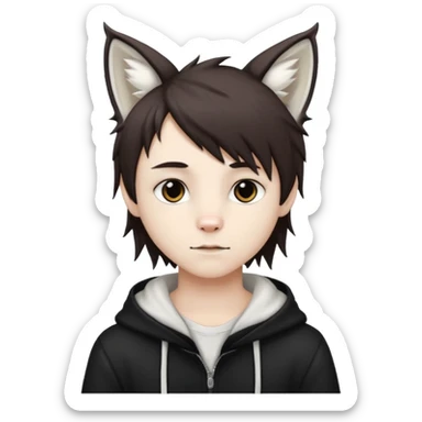 White cute boy with dark brown emo-style hair and white lynx ears sticker