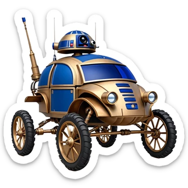 Old American West tarnished R2D2 bounty hunter 1854 delicately ornate rosegold accents painted dune buggy buckboard wagon powered by electric motors and batteries with safety features and belts flying rapidly across rough dusty terrain stable on strong agile futuresteampunk suspension and steering  sticker