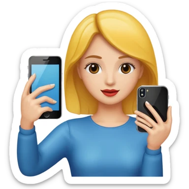 mirror woman holding her phone having selfie sticker