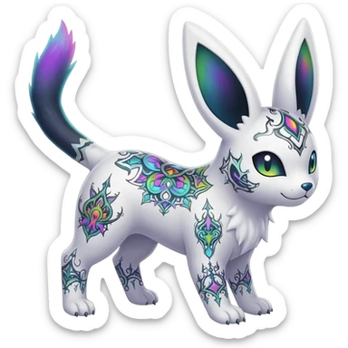 Rare neon iridescent white exotic cute epic aesthetic gothic colorful Salandit-Eevee-Civet-species-Fakemon-hybrid-creature, with intricate tattoo markings, full body sticker
