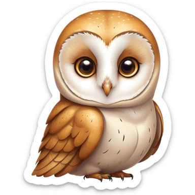 Cinematic Cute Barn Owl Portrait Emoji, Head tilted playfully and inquisitively, featuring a softly mottled Fur of white and brown with delicate feather patterns, round, sparkling amber eyes filled with curious wonder, Simplified yet irresistibly adorable features, highly detailed, glowing with a warm, friendly glow, high shine, affectionate and gentle, stylized with a touch of barnyard whimsy, bright and endearing, soft glowing outline, capturing the essence of a mischievous yet loving owl, so playful it feels like it could swoop out of the screen and into your arms! sticker