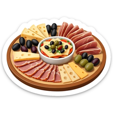A 3D cartoon platter of assorted deli items like sliced meats, cheese, and olives, colorful and appetizing, Memoji-style. sticker