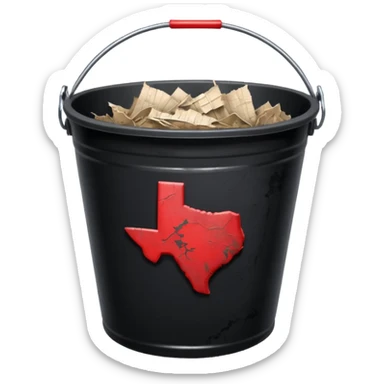 black bucket no handles, shredded paper inside, red texas on front sticker