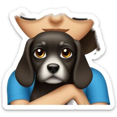 bob haired Brunette with glasses and blue eyes Girl with small gray dog. Girl has blue eyes sticker