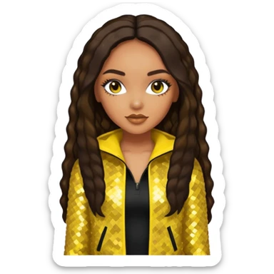Leigh-Anne Pinnock from Little Mix with long dark brown hair, yellow sequin outfit sticker
