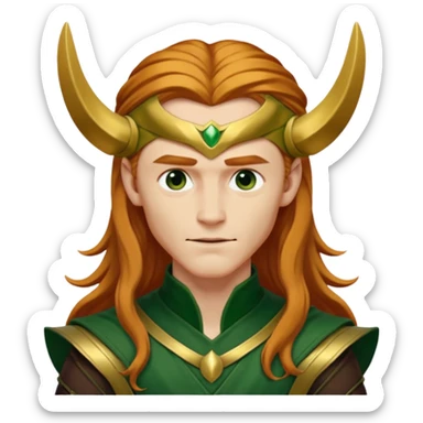 Loki, God of Mischief from Gods and Goddesses with long reddish blonde hair, gold and dark green outfit sticker