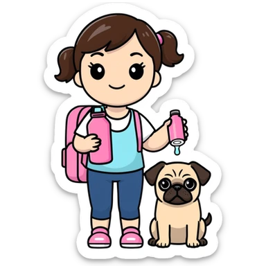 Cute brunette girlie with her pink Stanley water bottle tumbler and a little pug  sticker