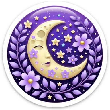 Beautiful poetic ethereal romantic aesthetic sparkly glittery shiny pretty floating pastel lilac lavender Violet moon and flowers and leaves aesthetic deco sticker
