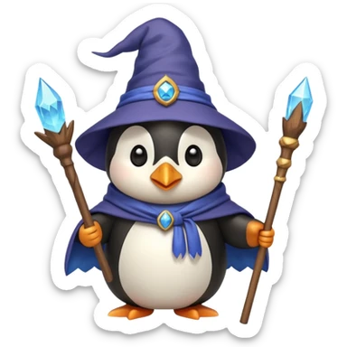 cute penguin holding a staff, wearing a wizard cloak and hat, emoji style sticker
