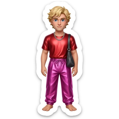 Eros from Greek Mythology with blue eyes, blonde hair, red metallic shirt, hot pink metallic baggy pants, silver necklace sticker