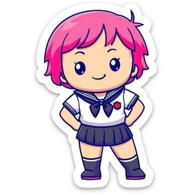Anime girl with short bright pink hair wearing Japanese sailor style school uniform, confident pose with hand on hip and bright cheerful grin, excited and happy sticker