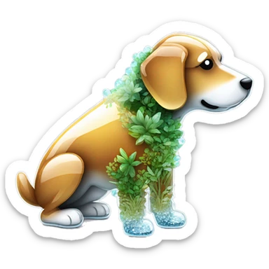A dog made entirely of glass mirror crystals prisms glass transparent filled with plants as a terrarium sticker