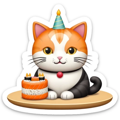 cat with a birthday cake made out of sushi sticker