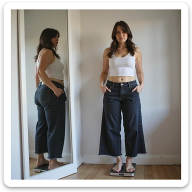 adult woman, photorealistic, yo-yo diet, standing in front of mirror, holding pants of two different sizes, uncertain expression, scale on floor, natural light, bedroom background sticker