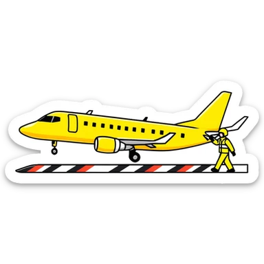 ramp agent with marshalling wands guiding aircraft, wearing bright yellow coat sticker
