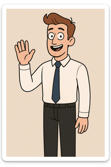 A man sky brown hair Marine Blue Colours Satin Tie White Whistler Classic Oxford Shirt black Apollo Flat Front Trouser hand to say hello sticker