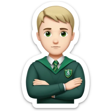 An adult man slightly to the side looking forward with crossed arms wearing the Slytherin uniform sticker