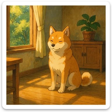 a dog sitting in a sunlit room, ghibli style sticker