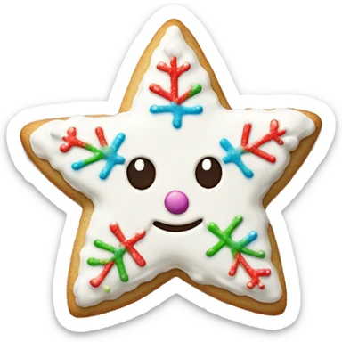 Create a smiley Christmas cookie in the shape of a star or snowflake. The cookies are decorated with white icing and sprinkled with colored sugar. It should look appetizing and festive sticker