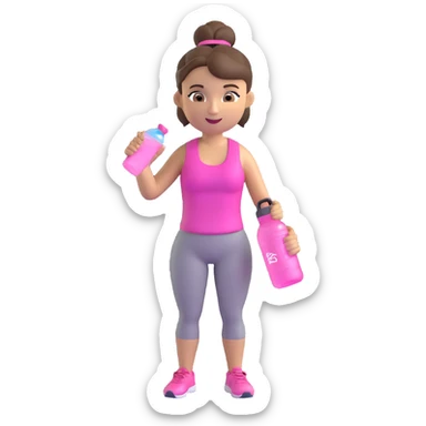 girly gym emoji with pink water bottle, brunette hair in a bun, energetic expression sticker
