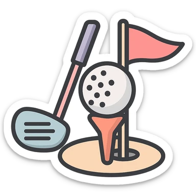 golf ball on a tee with flag in the background and golf club leaning on the tee, icon-color-outlined style, detailed shading, thin clean outlines, soft rounded features, pastel palette #98B5BC #B5B3C1 #C9A3C9 #E4C0CA #F7DCD1 #F7C0AA, Japanese pop art, sticker look, highly detailed, vector clarity, soft lighting, subtle shadows, transparent background sticker