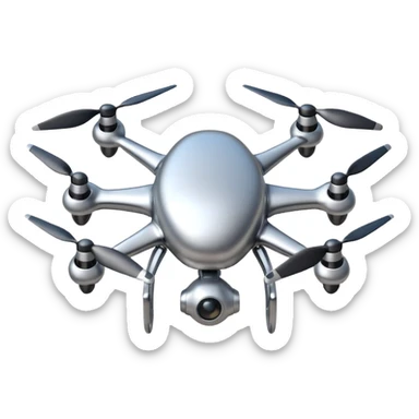 A futuristic drone emoji made of polished silver chrome, smooth rounded body, minimal propellers, reflective metallic surface, soft studio lighting, iOS emoji style, centered, clean white background sticker