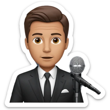 A man speaks into a microphone, and there is a prompter screen in front of him. sticker