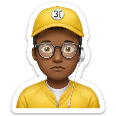 "- Nam
- 30 tuổi
- Da đen
- Đội mũ lưỡi trai vàng
- Đeo kính, airpod
- Mặt buồn
" sticker