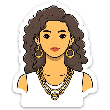 attractive Greek woman with long curly hair and light skin wearing gold hoop earrings and a gold necklace sticker