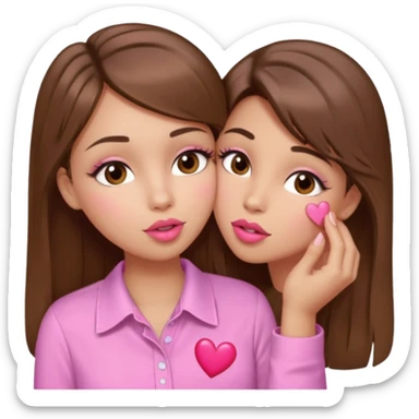 girl with long wavy brown hair, brown eyes, light to medium complexion, in a pink shirt, pink lips, long lashes, puckering up for a kiss, kiss lips and hearts in hand sticker