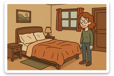 a bed in a cozy bedroom with soft blankets, inviting, simple style sticker