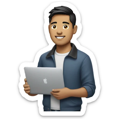 Filipino Asian handsome guy that holds a Mac Book laptop with air pods. sticker