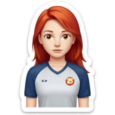 cô gái da trắng tóc đỏ dài ngang lưng mặc áo thể thao sticker