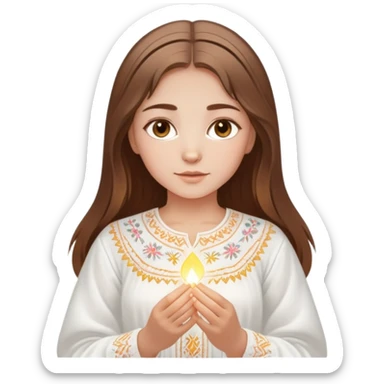 Ukrainian young girl with brown hair wearing a traditional white embroidered vyshyvanka shirt, holding a glowing ethereal light representing her soul sticker