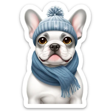 Grey white Frenchie wearing a scarf and hat surrounded by snowflakes sticker