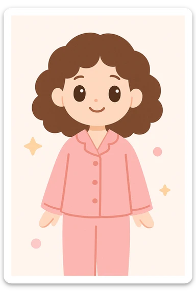 friendly illustration of a woman with curly brown hair wearing pink pajamas, simple background sticker