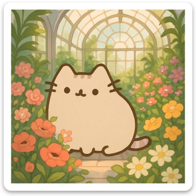 beige blonde pusheen-style kitten in a botanical garden greenhouse filled with flowers sticker