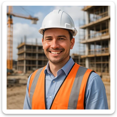 smiling civil engineer in a hard hat, construction site background sticker