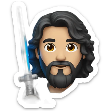 Moto A white Portuguese with black and medium-length hair and a beard that holds a blue lightsaber sticker