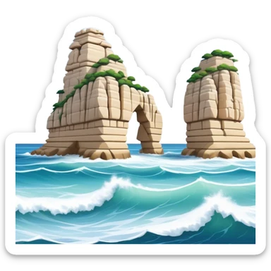 Cinematic Realistic Raouche Rocks, Beirut Landmark Emoji, depicting the majestic limestone rock formations rising from the Mediterranean Sea, with waves crashing against their bases under a vibrant sky. sticker