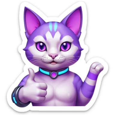Create a highly detailed yet simplified cartoon-style male cat emoji with a confident thumbs-up gesture, optimized for a small emoji size. The cat should be primarily purple with bold white accents for contrast. He has a strong jawline and a confident smirk, reinforcing his masculine features. His large, expressive eyes glow in a neon purple shade to maintain visibility at a tiny scale. His ears are perked up, and his pose is slightly tilted forward to enhance the sense of motion. The thumbs-up paw is exaggerated in size to ensure clarity, with smooth shading and a glossy effect. The emoji must have a transparent background with a subtle glow effect in electric blue around the edges to give it a futuristic gaming aesthetic. The outline should be clean and bold, making the design crisp even when scaled down to a small Discord emoji sticker