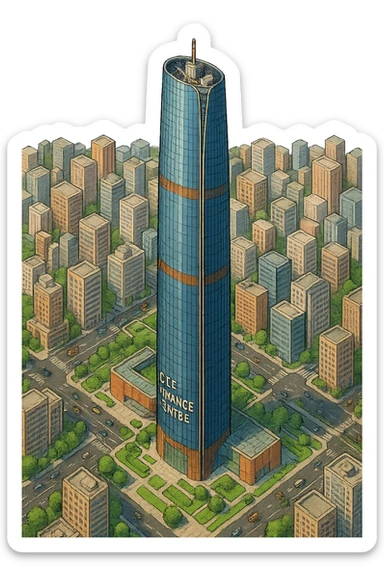 Изометричная, яркая, детализированная, объемная и фотореалистичная иллюстрация башни Guangzhou CTF Finance Centre. В стиле 3D-коллажей городов, насыщенные цвета, аккуратные и чёткие линии, мультяшно-реалистичная стилистика. Чёткие контуры, не размазанные линии, высокое качество, прозрачный фон, не обрезать края картинки sticker