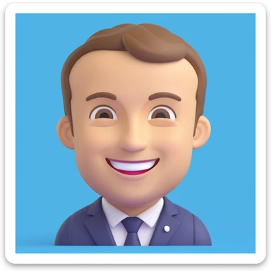 Emmanuel Macron, French president, 3D emoji style, smiling, French flag background sticker