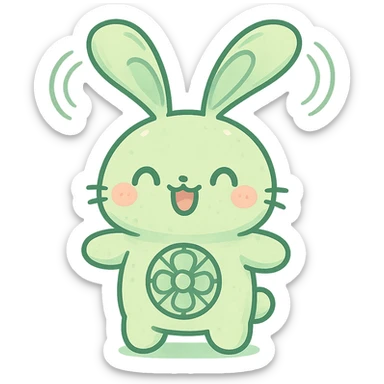 kawaii bunny-fan hybrid, ears spinning like fan blades, pastel green, cheerful, full-body sticker