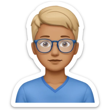gender neutral face, chest up, blue shirt, glasses, minimal emoji style sticker